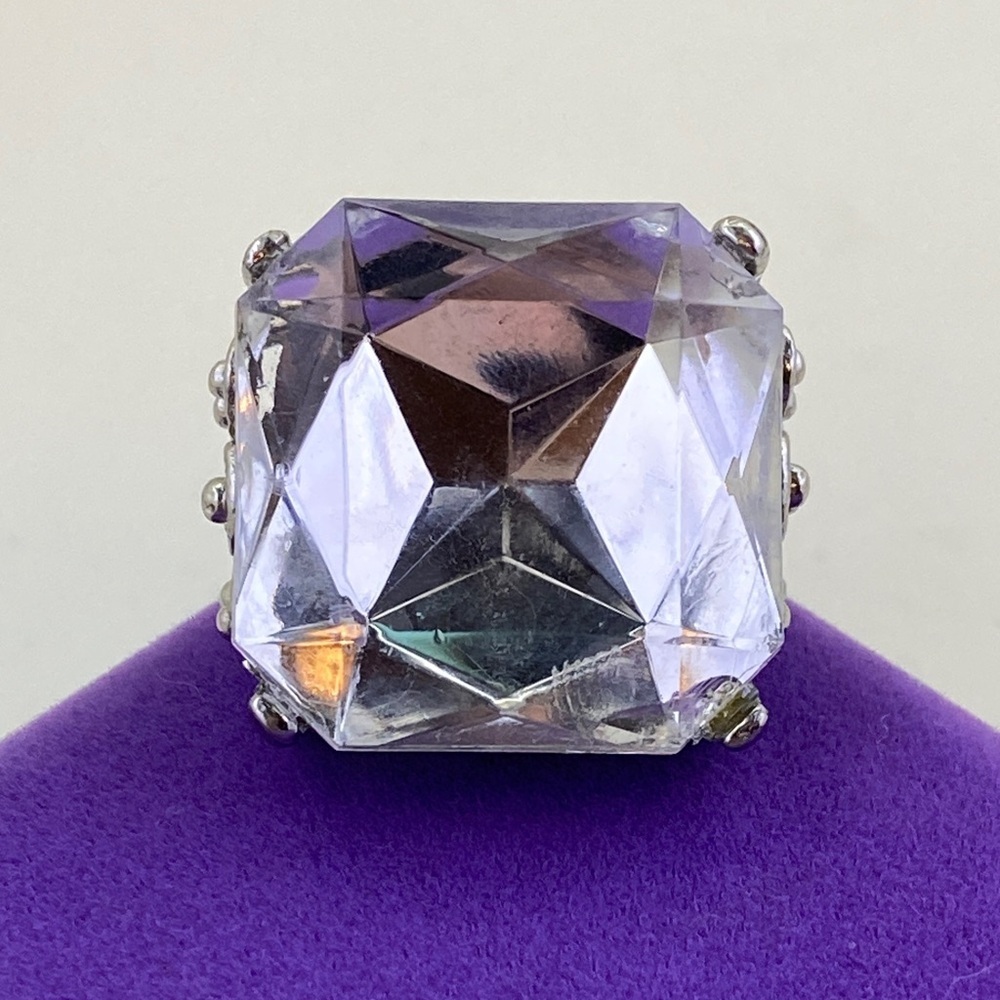 💛 Silver Tone Square Crystal Statement Ring | Clear Faux Gemstone
